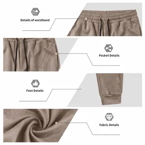 Detail views of men's suede casual pants showing waistband, pocket, cuff, and fabric.