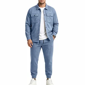 Full view of men's casual light blue suede jacket and matching joggers set