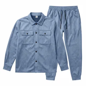 Front view of light blue suede jacket and joggers set with chest flap pockets