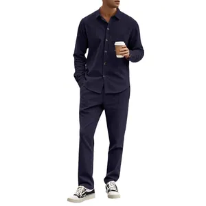 Men's navy blue corduroy casual set featuring a long sleeve button-down shirt and matching pants