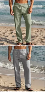 Pantalon décontracté en coton et lin pour homme avec cordon de serrage en vert sauge et gris