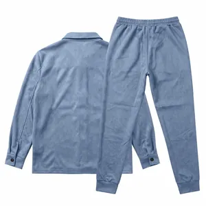 Men's two-piece faux suede casual suit in blue, featuring a classic jacket and matching pants