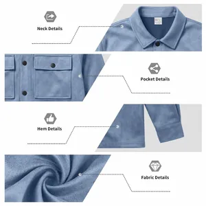 Detailed views of men's blue faux suede jacket showing collar, pockets, hem, and texture.