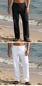 Détail du pantalon décontracté en coton et en lin pour hommes en noir et en blanc