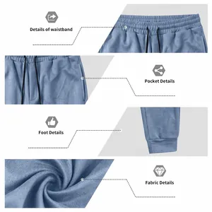 Detailed view of mens blue suede joggers showing waistband pocket and fabric texture