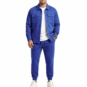 Full-body view of men's royal blue suede cargo jacket and matching joggers set