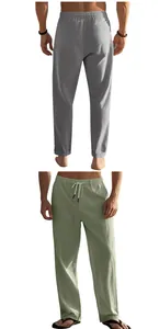 Pantalon en coton et lin pour hommes avec cordon de serrage en gris et vert olive élégant