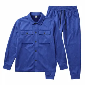 Men's casual blue faux suede two-piece outfit including a button-down jacket and joggers