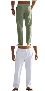 Vues avant et arrière du pantalon décontracté en coton et lin pour homme avec cordon