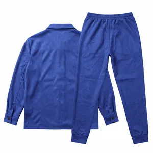 Back view of a men's loose casual blue suede jacket and matching jogger pants set