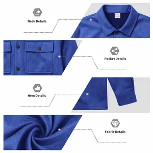 Close-up details of a blue suede jacket: collar, pockets, hem and soft fabric texture
