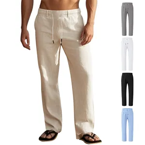 Pantalon Décontracté en Lin pour Hommes Couleur Unie Jambe Droite Léger Respirant pour l'Automne Quotidien