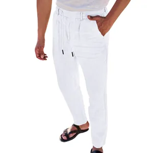 Pantalon d'automne en coton et lin blanc pour homme avec cordon de serrage et coupe droite