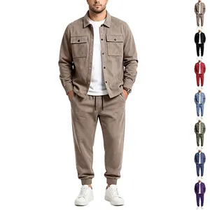 Men's American Casual Suede Tracksuit Long Sleeve Cargo Pocket Jacket And Drawstring Jogger Pants For Autumn Wearing