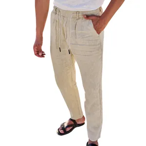 Pantalon décontracté pour homme en coton et lin avec cordon de serrage et coupe droite