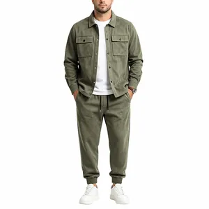 Premium men's olive green suede utility jacket and jogger pants tracksuit set for casual wear