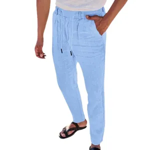 Pantalon droit en coton et lin bleu clair pour homme avec cordon de serrage pour l'été