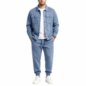 Men's loose light blue suede-like jacket and jogger two-piece casual sports set