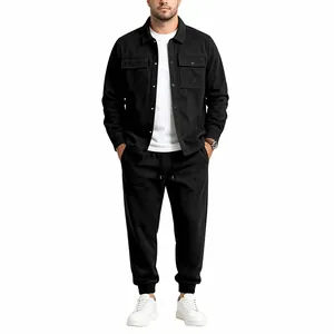 Men's loose casual black suede jacket and jogger pants set with white sneakers