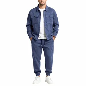 Men's blue suede casual jacket and pants two-piece set in loose American streetwear style