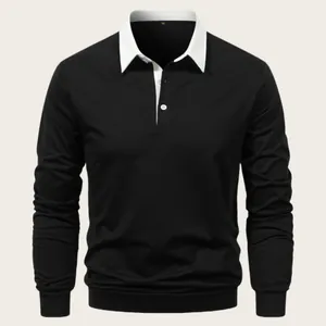 Men's casual long sleeve polo shirt with white contrast collar and black body design.