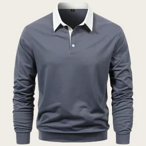 Detailed view of grey men's long-sleeve polo shirt featuring a contrasting white collar