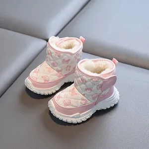 Pink toddler winter snow boots with cute bear pattern and warm thick plush lining