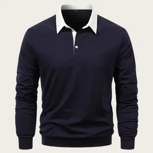 Detail view of men's navy blue long-sleeve Polo shirt with white contrast collar