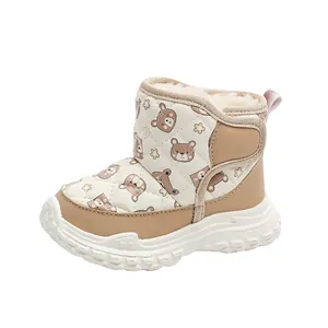 Cute cartoon bear pattern baby snow boots with thick fur lining and non-slip white sole