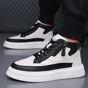 Men's trendy black and white high-top Martin boots with side zipper and thick sole