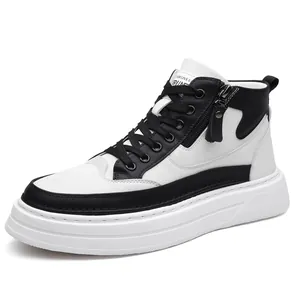 Men's high-top casual sneaker boots in black and white with zipper and thick sole