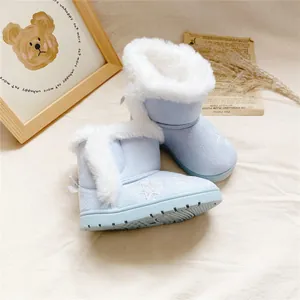 Detailed view of light blue toddler girl's snow boots with white fur and star embroidery.