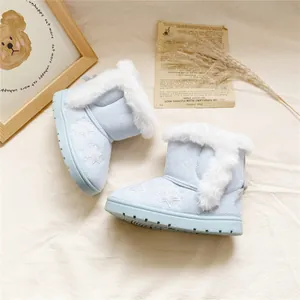 Close-up of light blue girls snow boots with white star embroidery and faux fur lining