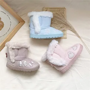Girls Winter Snow Boots Faux Suede Thick Faux Fur Lined Embroidered Snowflake Heart Bow Princess Boots For Toddler Kids