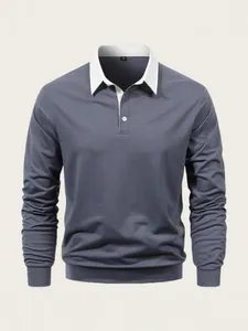 Men Casual Long Sleeve Polo Shirt Contrast Collar Polyester Regular Fit Top Autumn Fashion Solid Ribbed Cuffs Polo Shirt
