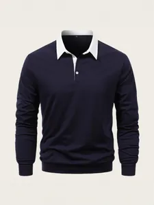 Classic navy blue long-sleeved Polo shirt with contrasting white collar for men's casual wear