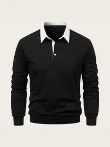 Professional men's long-sleeve polo shirt in black featuring a white contrast collar