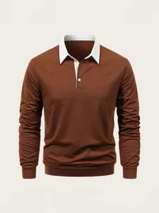 Premium men's casual brown long-sleeve polo shirt with stylish white contrast collar