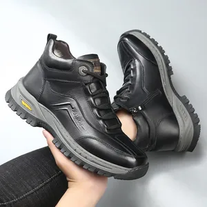 Bottes de Neige pour Hommes en Cuir Véritable Doublure en Peau de Mouton Chaud Hiver Semelle Antidérapante