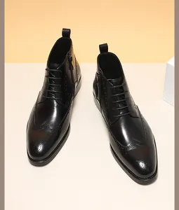 Black leather Brogue boots for men with mid-top design and side zipper detail