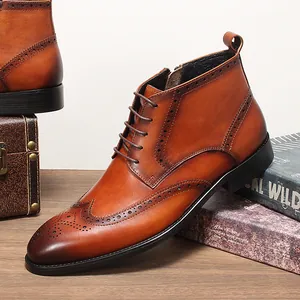 Side view of classic brown leather Brogue boots with intricate perforation details
