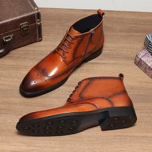Men British Style Martin Boots Top Layer Cowhide Leather Brogue Carving Side Zipper Round Toe Fashion Casual Winter Boots