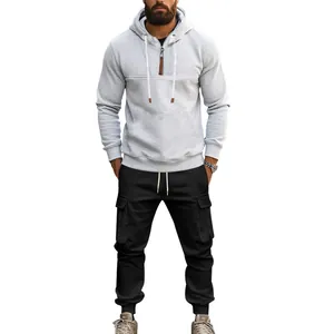 Ensemble sweat à capuche gris lourd pour hommes et pantalon cargo noir style décontracté