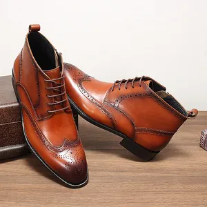 Elegant tan leather brogue boots for men featuring vintage wingtip carving and side zipper