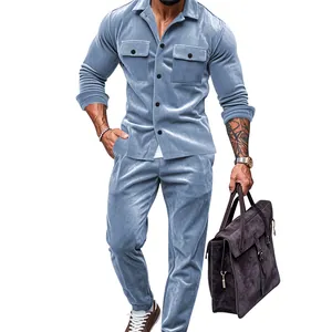 Ensemble deux pièces stylé pour homme en faux suède lourd avec veste et pantalon bleu