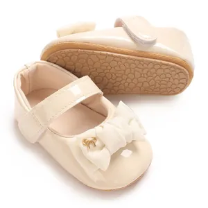 Beige Baby Mary Jane Schuhe mit Stoffschleife und weicher Anti-Rutsch-Sohle, 0-1J