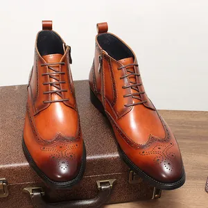 Classic men's brown cowhide leather brogue wingtip Martin boots with side zipper