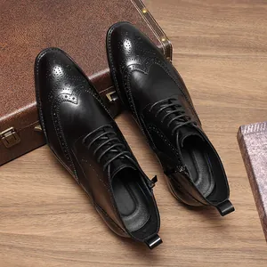 Classic men's black leather Brogue Martin boots with mid-top zipper and lace-up design