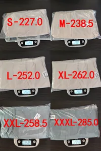 Real weight data display for men's linen pants on electronic scale from size S to 3XL