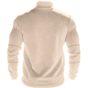 Gedetailleerd achteraanzicht van een zware beige fleece sweatshirt met opstaande kraag voor heren.